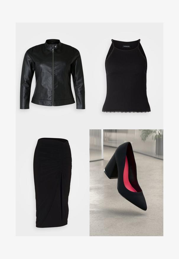 Črna usnjena jakna s okroglim ovratnikom, sprednjim zadrgo in dvema stranskima žepoma. Gladek material z rahlim sijajem in prileganjem.; Črn rebrast top brez rokavov z valovitimi čipkastimi robovi na dnu. Ima tanke naramnice in oprijet kroj. Narejen je iz raztegljivega materiala.; Črna, nabrana svinčnik krilo z detajlom v obliki traku in stranskim razporkom. Narejeno iz raztegljive tkanine, ki se ponaša z gladko teksturo in oblikovanjem, ki se prilega telesu.; Črna čevlja z visokimi petami, zoženim sprednjim delom in teksturirano zgornjico. Notranjost ima svetlo rožnato podlogo. Kvadratna peta z metalnim poudarkom na podnožju.