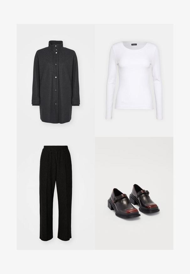 Sötétszürke gyapjú keverék kabát magas gallérral, patent gombokkal, hosszú ujjakra és bordázott mandzsettával. Simább textúrájú, struktúrált kialakítással.; Fehér bordás, hosszú ujjú felső, kerek nyakkivágással. Rugalmas anyagból készült, amely követi a test vonalát. Finom vízszintes csíkokkal díszített.; Fekete, széles szárú nadrág fehér függőleges csíkozással, rugalmas derékkal a kényelem érdekében és sima, puha textúrával.; Bőr, blokksarkú cipők fényes, sötét burgundi színben, csatpánttal és lekerekített orral. Texturált talp a tapadásért.