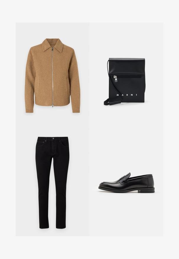 Brown fleece jacket with a collar, two side pockets, and a front zipper. The texture is soft and the design is minimalist.; White long-sleeve button-up shirt made of cotton, featuring a chest pocket with tonal embroidery, a collar, and button cuffs.; Black denim jeans with a slim fit, featuring a standard waistband, five pockets, and metal hardware accents. Smooth, slightly stretchy texture.; Black leather loafers with a smooth texture, rounded toe, and a decorative strap across the vamp. Low stacked heel, minimalist design.; Black leather crossbody bag with a zippered front pocket, embossed logo, and adjustable strap. Smooth texture with a structured shape.