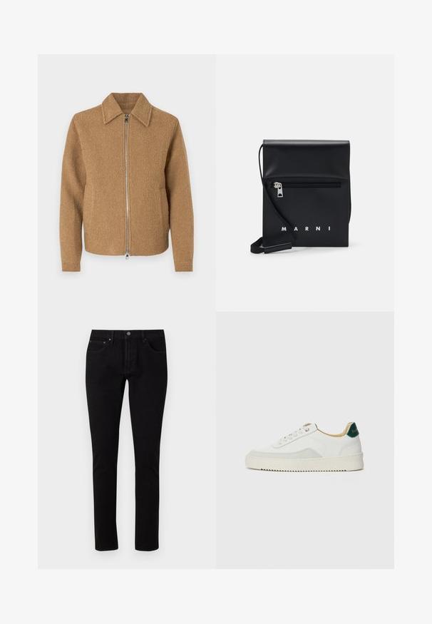 Brown fleece jacket with a collar, two side pockets, and a front zipper. The texture is soft and the design is minimalist.; Black short-sleeve t-shirt made from cotton. Features a round neckline and a classic fit. No visible patterns or hardware accents.; Black denim jeans with a slim fit, featuring a standard waistband, five pockets, and metal hardware accents. Smooth, slightly stretchy texture.; White sneaker with suede accents, rounded toe, flat laces, and a cream rubber sole. Features green branding on the heel.; Black leather crossbody bag with a zippered front pocket, embossed logo, and adjustable strap. Smooth texture with a structured shape.