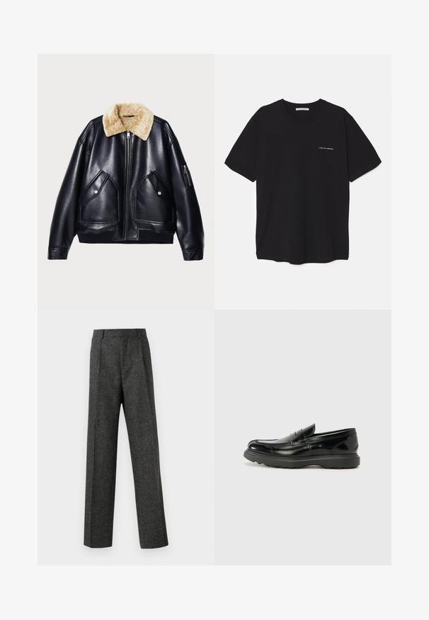Crna kožna jakna s krznom na ovratniku, koja ima dva prednja džepa, zip džep na rukavu i rebrasti donji rub i manžete.; Crna pamučna majica s okruglim izrezom, kratkim rukavima i bijelim logotipom otisnutim na lijevoj strani prsnog koša. Jednostavan dizajn u jednoj boji.; Sive prilagođene hlače od teksturiranog materijala, s dva prednja nabora i ravnim krojem. Nema vidljivih džepova ili ukrasa.; Crne kožne mokasine s sjajnom završnom obradom, okruglim vrhom, suptilnim detaljima šivanja i debelim gumenim đonom za izdržljivost.