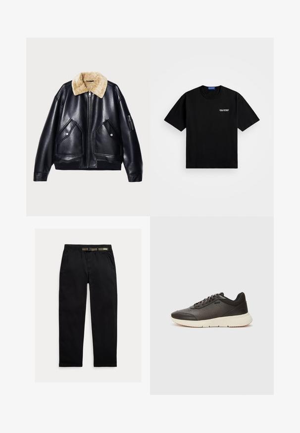 Must värviline nahktagi, millel on karvane kaelus, kaks eesmist taskut, tõmblukuga tasku varrukal ning soonikkoes alläär ja mansetid.; Must must t-särk ümmarguse kaeluse ja lühikeste varrukatega. Esiküljel vasakus rinnas on valge "POLO SPORT" logo. Standardsuurus.; Kergedest kootud mustad püksid, millel on elastne vöökoht, integreeritud roheline vöö, sirge jalgade lõige ja küljetaskud.; Tumedast pruunist tennisest, millel on tekstuuriga nahk ülaosa, aukudega detailid ja kerge kreemjas tald. Omab paelu ja tagasihoidlikku brändimist.