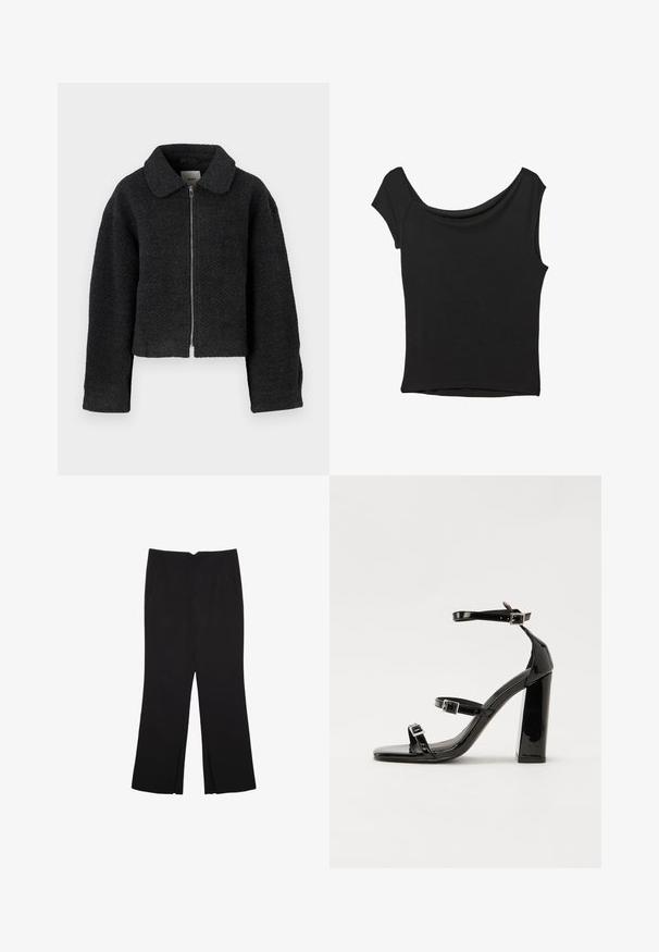 Svart kort jacka i strukturerad, vävd tyg. Har en krage och en framdragbar dragkedja. Långa ärmar med en avslappnad passform.; Svart kortärmad topp i slät tyg; har en draperad halsringning och asymmetrisk nederkant, med en figursydd kropp.; Svarta byxor med rak passform, utrustade med framfickor och sidoklyvningar vid fållen. Tillverkade av mjukt, slätt tyg. Lämpliga för olika tillfällen.; Svarta lackerade klacksandaler med fyrkantig tå, ankelremmar och silverfärgade spännen. Har en kraftig blockklack för stabilitet.