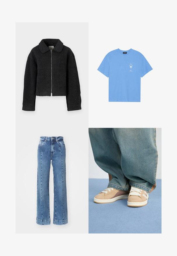 Veste noire courte en tissu texturé et tissé. Dotée d'un col et d'une fermeture éclair à l'avant. Manches longues avec une coupe décontractée.; T-shirt en coton bleu clair avec un col rond. Présente un graphique blanc d'un palmier et un texte sur la zone supérieure gauche de la poitrine. Manches courtes.; Jean large en denim bleu clair avec une taille haute, présentant des poches avant et des coutures décoratives. L'ourlet est roulé et cousu.; Baskets beiges en suède et tissu, avec des lacets blancs, des accents brun clair et une semelle texturée. Portées avec un pantalon en denim bleu ample.