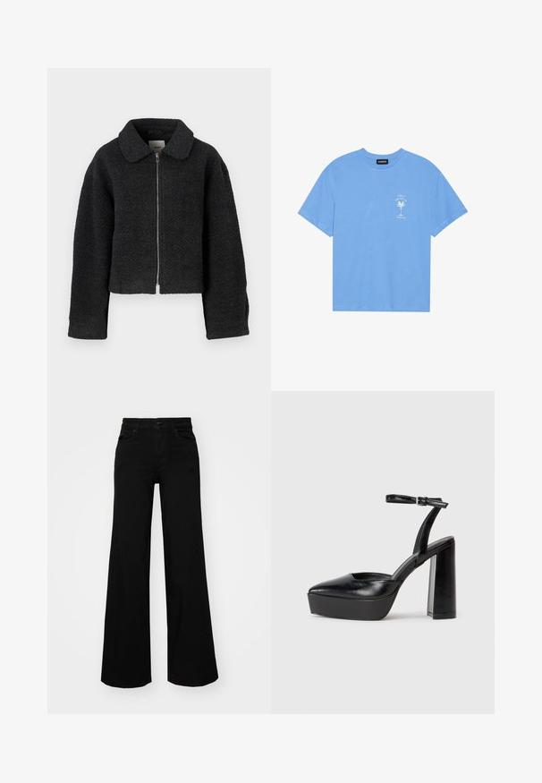 Juodas trumpas švarkas, pagamintas iš tekstūrinio, audinio. Įrengtas apykaklė ir priekinis užtrauktukas. Ilgos rankovės su laisvu siluetu.; Šviesiai mėlyna medvilninė marškinėliai su apvaliu iškirpimu. Kairėje krūtinės pusėje pavaizduotas baltas palmės medžio grafikas ir tekstas. Trumpomis rankovėmis.; Juodos plačios kelnės iš denimo, turinčios struktūruotą juosmenį, diržo kilpas ir priekines kišenes. Lygus paviršius su klasikinio dizaino elementais.; Juodi platforminiai aukšti kulniukai su smailiu kojų pirštu ir reguliuojamu kulkšnies dirželiu. Pagaminti iš lygaus odos, turi masyvų blokinį kulną.