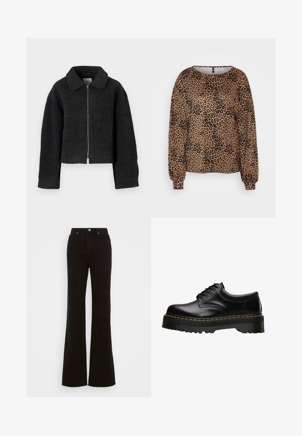 Black cropped jacket made of textured, woven fabric. Features a collar and a front zipper. Long sleeves with a relaxed fit.; Brown long-sleeve sweater featuring a black leopard print, wide neckline, and elasticized cuffs. Soft, textured fabric with a relaxed fit.; High-waisted black flared jeans made of denim, featuring a button closure, side pockets, and a smooth texture.; Black leather lace-up shoe with a thick, serrated black rubber sole and yellow stitching along the edge, featuring a smooth finish.