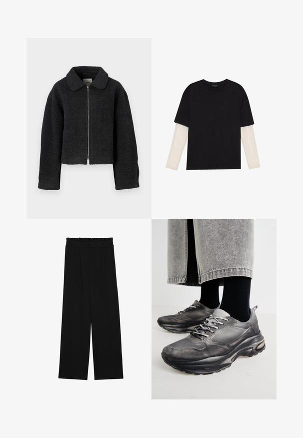 Black cropped jacket made of textured, woven fabric. Features a collar and a front zipper. Long sleeves with a relaxed fit.; Black T-shirt made of cotton, featuring short sleeves over a white long-sleeve layer with a subtle textured pattern. Crew neckline design.; Black wide-leg trousers with a ruffled waistband, featuring two side pockets and a smooth, lightweight fabric. No visible patterns or hardware.; Black and gray athletic shoes feature a mesh upper, thick soles, and laces. They have a rounded toe and visible cushioning detail.