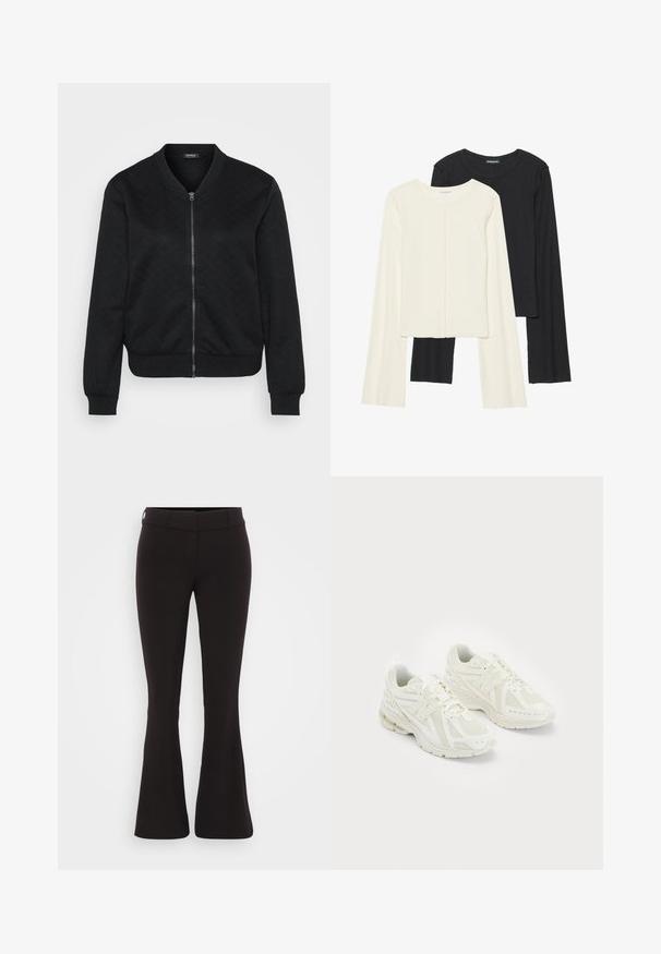 Juodas bomber stiliaus švarkas su tekstūriniu siuvinėjimu, užtrauktuku, sutrauktu Rankogaliu ir apvadu, bei apvalia iškirpte.; Dviejų ilgomis rankovėmis marškinėlių rinkinys, baltas ir juodas. Raukšlėta tekstūra, apvalus kaklas, prigludusi forma su šiek tiek platėjančiomis rankovėmis.; Juodi platūs keliai, pagaminti iš lygaus audinio, su prigludusia liemene, minimaliais siūlais ir subtiliu diržo kilpos detaliu.; Balti sportiniai bateliai su tinkleliu ir sintetinėmis medžiagomis, su raišteliais, paminkštinta apykakle ir tekstūruotu padu geresniam sukibimui. Lengvas dizainas.