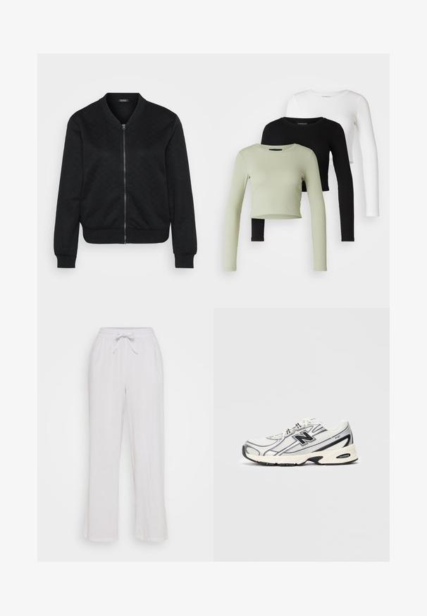 Black bomber jacket featuring a textured quilted pattern, zip closure, ribbed cuffs and hem, and a rounded neckline.; Even&Odd Petite 3 PACK - Long sleeved top - black/white/light green; White linen pants with a drawstring waist, featuring a relaxed fit and straight leg design. Smooth texture, no visible patterns or accents.; White and gray athletic sneaker with black "N" logo, mesh upper, cushioned sole, and lace-up design, shown on plain light gray background.
