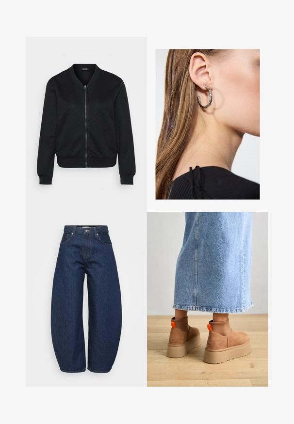 Black bomber jacket featuring a textured quilted pattern, zip closure, ribbed cuffs and hem, and a rounded neckline.; Even&Odd Petite 2 PACK - Top - light grey/black; Dark blue denim jeans with a wide, relaxed fit. Features a zip fly, four pockets, and contrasting stitching along seams.; Brown suede platform boots with elastic side panels and orange pull tabs, paired with a knee-length light denim skirt on a wooden floor.; Silver hoop earring with a polished finish, featuring small gold accent details and a round shape, worn on the lobe.