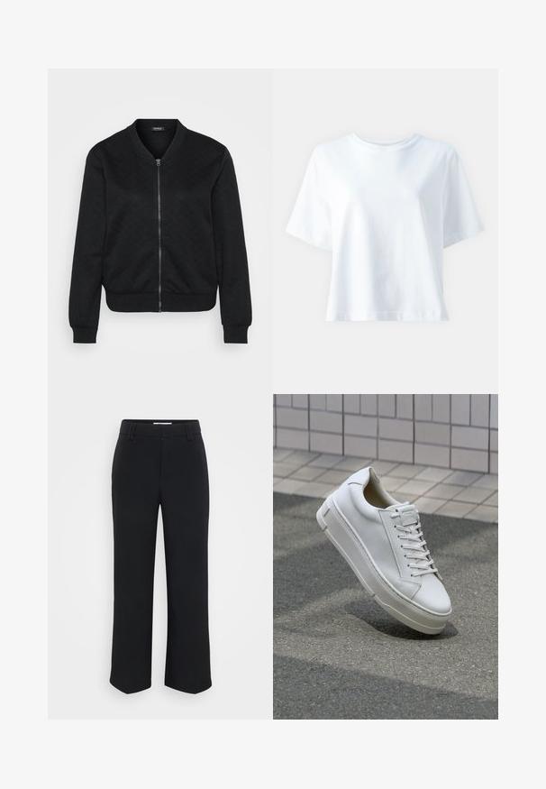 Melnā bomber jaka ar teksturētu kvadrātu rakstu, rāvējslēdzēju, ribotām piedurknēm un apakšmalu, kā arī apaļu kakla izgriezumu.; Balts kokvilnas t-krekls ar apaļu izgriezumu, īsām piedurknēm, brīvu piegriezumu un gludu tekstūru. Nav redzami raksti vai akcenti.; Melnas platās bikses ar gludu tekstūru, ar platu jostasvietu un sānu kabatām, veidotas minimalistiskā estētikā.; Baltas ādas sporta apavi ar zemu augšanas dizainu, plakaniem šņorēm, noapaļotu purngalu un teksturētām malām. Bieza gumijas zole ar smalkām akcentiem.