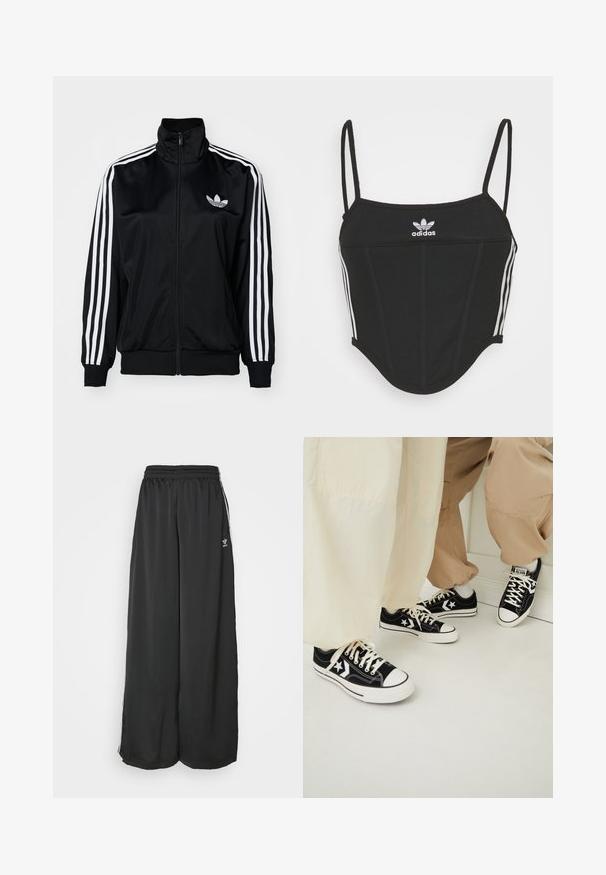 Casaco preto com fecho éclair e gola alta, com detalhes brancos de três riscas nas mangas e logo bordado no peito. Tecido liso e desportivo.; Top crop preto canelado com alças finas ajustáveis, apresentando três riscas brancas nas laterais e um pequeno logótipo branco da Adidas ao centro.; Calças de treino largas e soltas, feitas de tecido suave. Apresentam uma cintura elástica e riscas laterais com detalhes em logotipo.; Sapatilhas pretas de lona com solas de borracha brancas, apresentando detalhes em forma de estrela brancos e atacadores pretos, combinadas com calças de bege claro e creme.