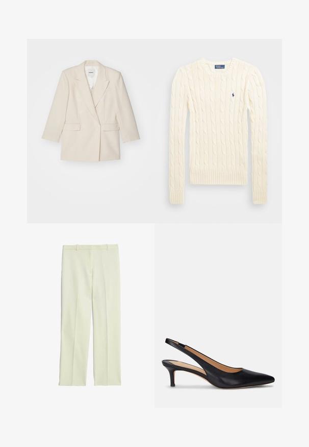 Double-breasted blazer in light cream fabric with a smooth texture, notched lapels, and two front pockets. Features white buttons.; Cream cable-knit sweater with long sleeves, ribbed cuffs and hem, featuring a small embroidered logo on the left chest.; Cream-colored tailored trousers with a straight-leg design, featuring a flat front, belt loops, and a smooth texture.; Black leather slingback pump with a pointed toe, low kitten heel, and smooth texture. Features an open back design and minimal stitching details.