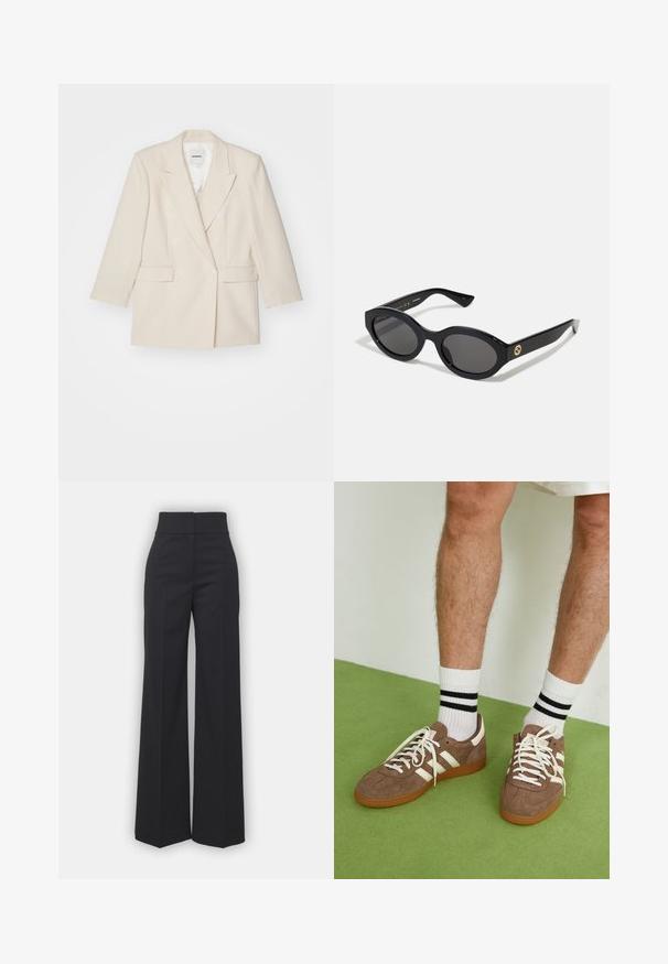 Doppelreihige Blazer aus leichtem Creme-Stoff mit glatter Textur, mit Revers und zwei Fronttaschen. Mit weißen Knöpfen ausgestattet.; Schlichtes weißes Langarmshirt mit Rundhalsausschnitt, von hinten gezeigt, flach auf einem weißen Hintergrund ausgelegt.; Weite Hosen aus schwarzem Stoff mit hohem Bund, die eine saubere Verarbeitung und glatte Textur aufweisen. Keine sichtbaren Beschläge oder Muster.; Braune Wildleder-Sneaker mit weißen Akzenten und Schnürsenkeln. Gummisohle in Kautschuk-Optik. Getragen mit weißen Socken, die schwarze Streifen haben. Grüner strukturierter Fußboden.; Schwarze ovale Sonnenbrille mit dunklen Gläsern und glänzendem Kunststoffrahmen. Mit goldenem Logo am Bügel, das ein elegantes und modernes Design bietet.