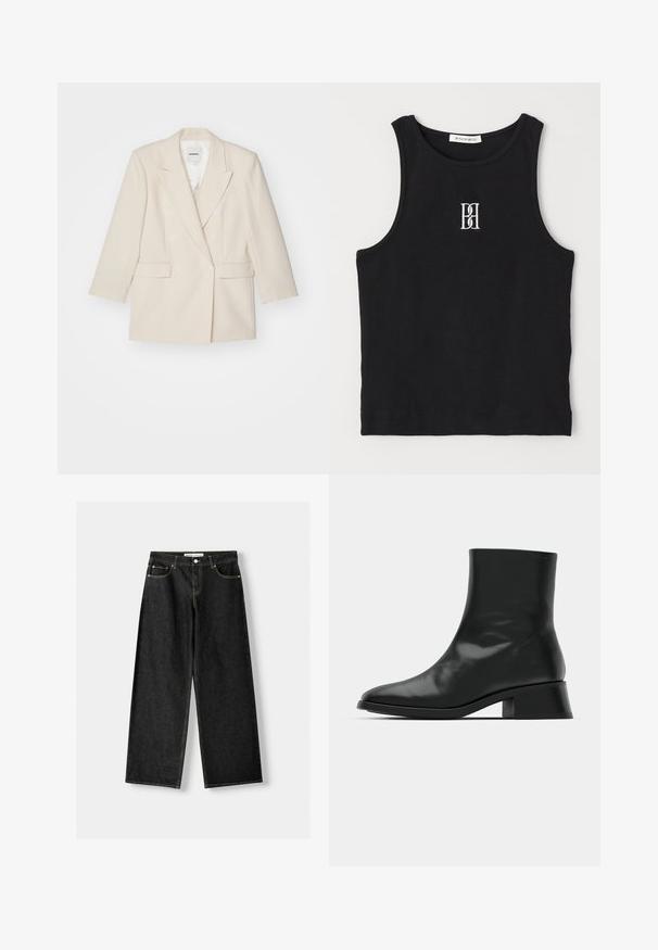 Doppelreihige Blazer aus leichtem Creme-Stoff mit glatter Textur, mit Revers und zwei Fronttaschen. Mit weißen Knöpfen ausgestattet.; Schwarzes, geripptes Tanktop mit rundem Ausschnitt und besticktem Logo in Weiß. Der Stoff hat eine glatte Textur und eine körperbetonte Passform.; Schwarze Jeans mit weitem Bein aus Denim, mit fünf Taschen, metallischem Knopf und Reißverschluss und kontrastierenden gelben Nähten entlang der Nähte.; Schwarze Ankle Boots aus glänzendem Leder, mit einem eleganten Design, spitzer Zehenpartie und einem moderaten Blockabsatz für Stabilität.