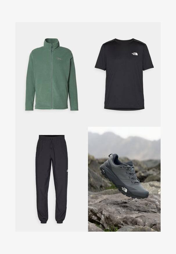 Jack Wolfskin TAUNUS - Fleece jacket - hedge green; Black short-sleeve T-shirt made from lightweight fabric. Features a small white logo on the left chest and subtle shoulder accents.; Black athletic pants made from lightweight fabric, featuring a drawstring waistband, side pockets, and tapered cuffs at the ankles.; Grey trail running shoe with a textured upper, durable rubber sole, and reinforced toe cap. Features laces and brand logo on the side.