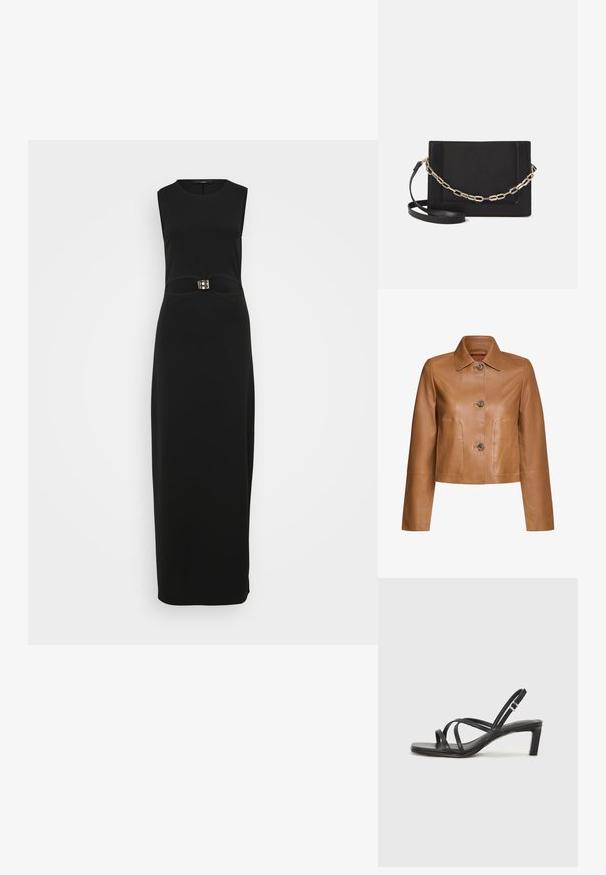 Rich & Royal Kožnata jakna - caffee latte; Crna bezrazrezna maksi haljina s prilagođenim siluetom, glatkom teksturom i karakterističnim detaljem s kopčom u struku.; Crne sandale s trakama, kvadratnim prstom i niskom blok petom. Ima više tankih trakica i podesivu trakicu oko gležnja. Izrađene su od glatke kože.; Crna kožna torba preko tijela s glatkom teksturom, pravokutnim oblikom i metalnim lancem na prednjoj strani. Uključena je podesiva naramenica.