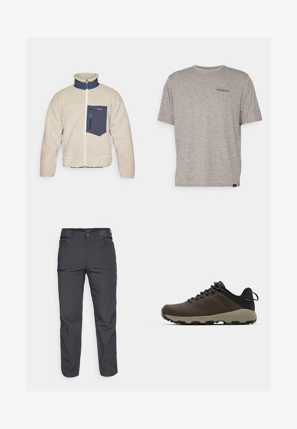 Fleecejakke i kremfarge med en marineblå glidelåslomme, høy krage og kontrasterende blå detaljer på glidelåsen og mansjettene. Myk tekstur.; Grå kortermet t-skjorte laget av mykt, teksturert stoff med en liten blå Patagonia-logo på venstre bryst. Ingen ekstra mønstre.; Mørkegrå bukser laget av slitesterkt stoff, med glidelåslomme, rett snitt og beltestropper for justerbar passform.; Brune vanntette joggesko med teksturert overdel, perforerte detaljer, svart hæl støtte og en grå gummisåle. Snøring er stilisert med metalliske ender.