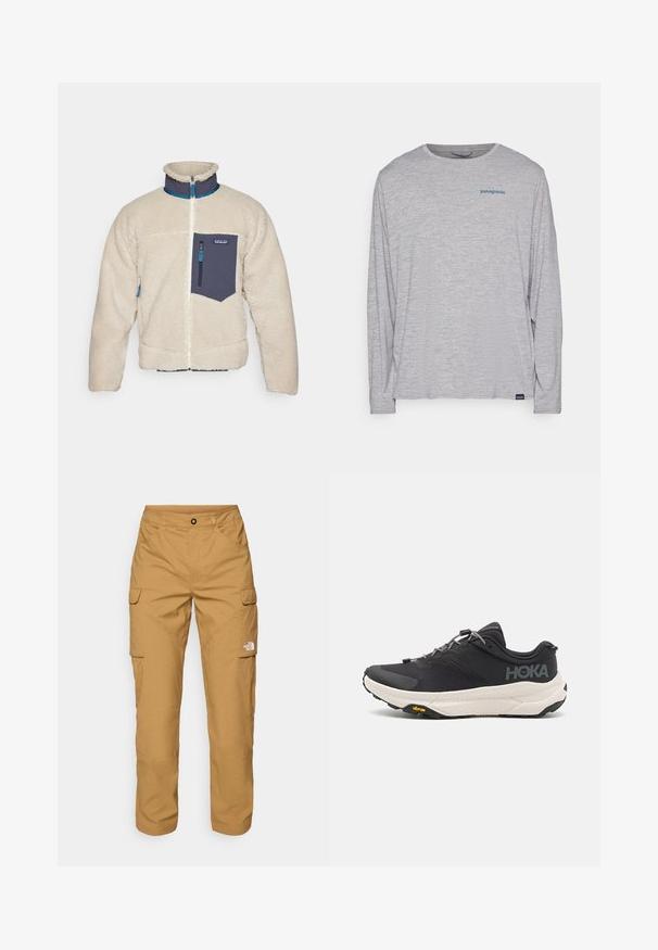 Casaco de fleece em creme com um bolso com fecho éclair em azul marinho, gola alta e destaque azul contrastante no fecho e nos punhos. Textura suave.; T-shirt de mangas longas cinza claro, feito de um tecido suave e texturizado. Apresenta um decote redondo e um pequeno logotipo azul da Patagonia no peito.; The North Face EXPLORATION PANTS - Calças cargo - utility brown; Sapatilha atlética preta com parte superior texturizada, detalhes cinzentos, elementos refletivos e uma sola branca espessa com a marca Vibram.