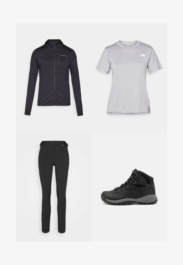 Fekete zipzáros dzseki texturált mintával, magas gallérral és mellzsebbekkel, hosszú ujjal és testhezálló sziluettel.; Szürke, rövid ujjú póló, puha, nedvességet elvezető anyagból készült. Kerek nyakú, és egy kis fehér logó található a bal felső részen.; Fekete, testhezálló nadrág rugalmas anyagból. Jellemzők: cipzáras oldalzseb, artikulált térdek és sima felület.; Fekete túracipő közepes magasságú kialakítással, texturált felsőrésszel, szürke részletekkel és strapabíró gumitalppal, amelynek tapadós kiemelkedései vannak.