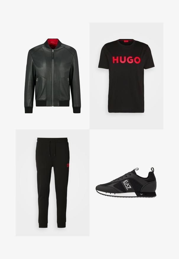 HUGO Skinnjacka - black one; Svart bomull t-shirt med djärv röd "HUGO" text framtill, korta ärmar, rund halsringning och en avslappnad passform.; Svarta sweatpants i mjukt material, med dragsko i midjan, slim fit och en röd logotyp på vänster lår.; EA7 Emporio Armani Sneakers - black/white