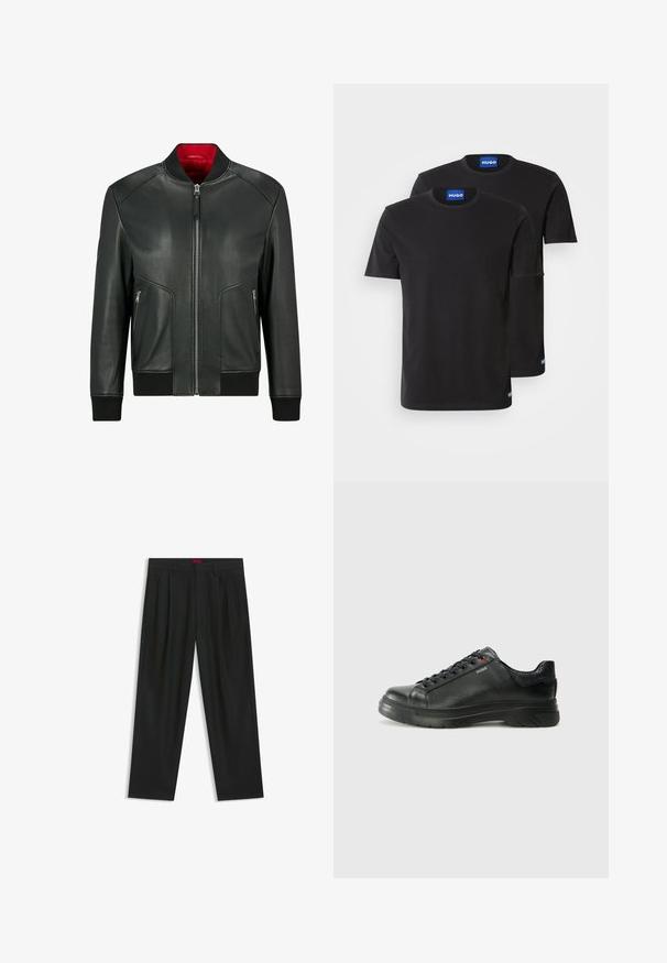 HUGO Læderjakker - black one; To sorte bomulds T-shirts med rund halsudskæring, korte ærmer og blå "HUGO" mærker på kraverne og siden.; Sorte bukser med plisseret design, bred benform og en glat tekstur. Har et rødt taljetag.; Sorte lædersneakers med tekstureret overdel, polstret krave og rødt logo-detajle. Har en tyk gummisål med tydeligt mønster.