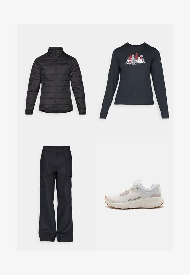 Crna puffer jakna s visokim ovratnikom, prednjim zatvaračem i horizontalnim šavovima. Ima dva bočna džepa sa zatvaračem i glatku teksturu.; Majica dugih rukava tamnosive boje s grafikom crvenih drveća i planina; logo "COLUMBIA" u podebljanom bijelom tekstu. Mekana tkanina, standardni okrugli izrez.; Columbia BREA FALLS™ COTTON RIPSTOP PANT - Hlače za otvoreno - black; Lagani atletski cipele Columbia izrađene od bijele mrežaste tkanine s teksturiranom sivom potplatom i gumom za bolje prianjanje. Imaju podstavljeni ovratnik i dizajn s vezicama.