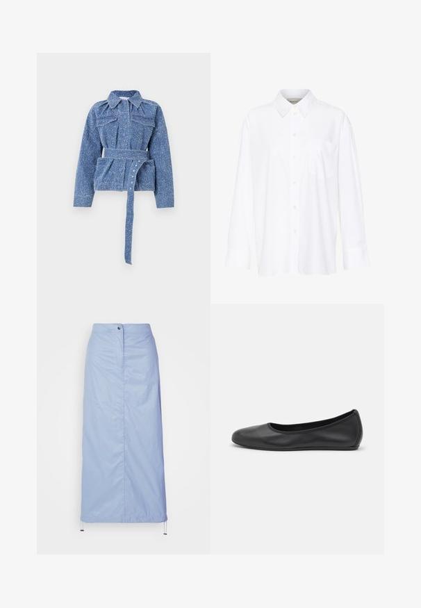 Zila denima jaka ar teksturētu apdari, pogu aizdare priekšpusē, divas krūšu kabatas, jostasvietas siksna un klasiskā apkakle.; Baltais garo piedurkņu krekls ar apkakli, izgatavots no kokvilnas. Aprīkots ar pogu aizdari priekšā un vienu krūšu kabatu. Gluda tekstūra, brīvs piegriezums.; Gaiši zila, vidēja garuma svārki, izgatavoti no gluda, viegla materiāla ar taisnu piegriezumu, ar priekšējo pogu aizdari un auklu apakšmalā.; Melna ādas baleta kurpe ar noapaļotu purngalu, gludu tekstūru, minimālu šuvju detalizāciju un elastīgu zoles dizainu.