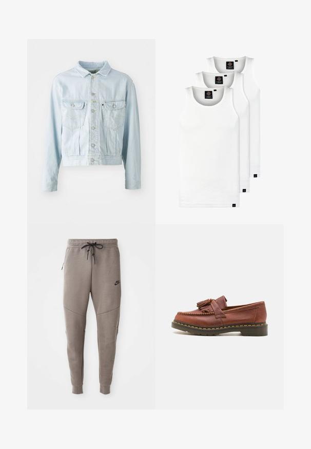 Vaaleansininen farkkutakki, jossa on cropattu muotoilu, nappikiinnitys, kaksi rintataskua ja keltaisia ompeluyksityiskohtia. Takissa on klassinen kaulus ja pitkät hihat.; Kolme valkoista ribbitekstiilistä toppia, jotka on valmistettu puuvillasta. Ominaisuuksiin kuuluu pyöreä pääntie ja pieni musta etiketti helman lähellä. Saatavilla useissa kooissa.; Harmaat Nike-juoksuhousut, joissa on kiristysnyöri vyötäröllä, kapeat lahkeet, sivutaskut ja erottuva sauman yksityiskohtaisuus. Pehmeä, tekstuuri kangas.; Kahvinahkainen mokassa, jossa on tupsuakkentssit, teksturoitu pinta ja kontrastina keltainen ommel mustan kumipohjan reunalla. Sivunäkymä.