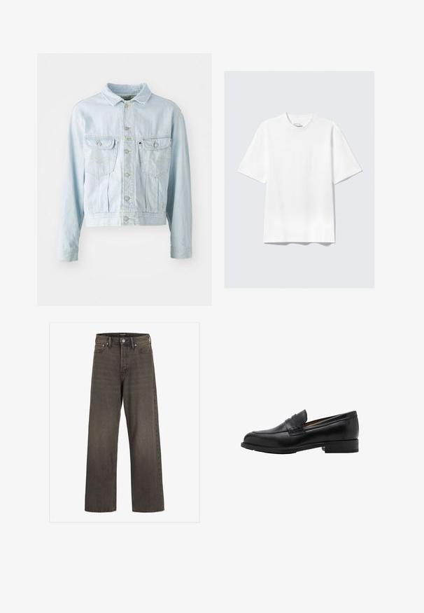 Lyseblå denimjakke med cropped design, knaplukning foran, to brystlommer og gule syninger. Har en klassisk krave og lange ærmer.; Simpel hvid kortærmet t-shirt med afslappet pasform, lagt fladt på en lys grå baggrund.; Bredde ben jeans i mørkegrå denim med høj talje, klassisk fem-lommer design og kontrasterende syninger langs sømmene.; Sorte læder loafers med en syet front og flad hæl. Glat tekstur med en afrundet tå og en dekorativ rem hen over vristen.