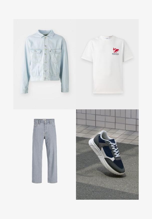 Lichtblauwe denimjas met een cropped ontwerp, knoopsluiting aan de voorkant, twee borstzakken en gele stikseldetails. Heeft een klassieke kraag en lange mouwen.; Witte katoenen t-shirt met een rode cowboy en paard graphic op de linkerborst met daaronder de tekst "RODEO DAYS".; Lichtblauwe denim jeans met een relaxed fit, rechte pijpen, zichtbare stiksels, twee voorzakken en een knoopsluiting.; Sneaker met een marineblauwe mesh bovenwerk, grijze suède accenten, witte rubberen zool en platte witte veters, ontworpen voor comfort en ademend vermogen.