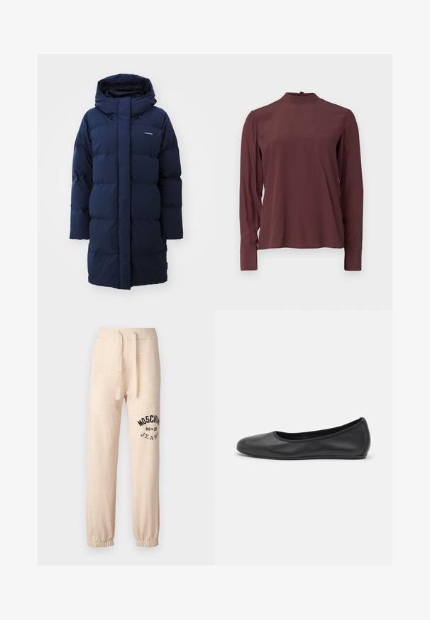 Marineblå pufferjakke med hætte, der har en lige pasform, quiltet design og logo detaljer på brystet. Blødt, isoleret materiale.; Bordeaux langærmet bluse med høj hals, subtil glans og knaplukning bagpå. Glat stof og tætsiddende ærmer.; Beige sweatpants med elastiske manchetter og talje. Har et sort trykt logo "MOSCHINO 86 ❤ 23 JEANS" på venstre lår. Blød tekstur.; Sort læderballetsko med rund tå, glat tekstur, minimal syning og et fleksibelt såldesign.