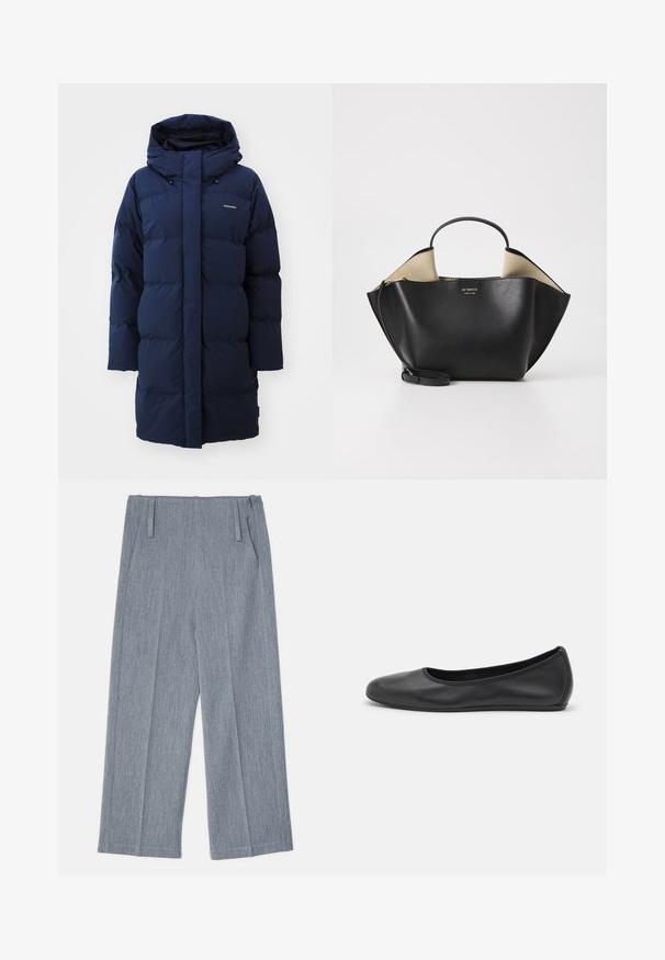 Marineblå pufferjakke med hætte, der har en lige pasform, quiltet design og logo detaljer på brystet. Blødt, isoleret materiale.; Sort langærmet bluse lavet af blødt stof, med rund halsudskæring og en afslappet pasform med sideslids i kanten for nem bevægelse.; Lys grå, vidde bukser lavet af struktureret stof, med to frontfolder og to sidelommer. Ren, skræddersyet design.; Sort læderballetsko med rund tå, glat tekstur, minimal syning og et fleksibelt såldesign.; Ree Projects ANN TOTE MINI - Håndtasker - black