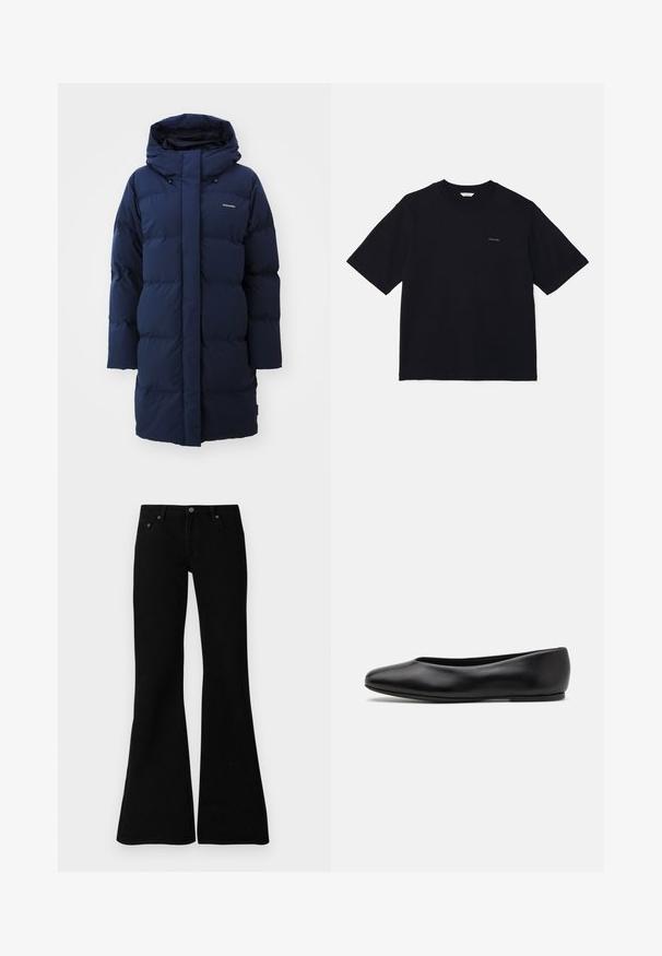 Marineblauwe gewatteerde jas met capuchon, met een recht gesneden snit, een doorgestikte ontwerpelement en logo-detail op de borst. Zacht, geïsoleerd materiaal.; Zwarte t-shirt met korte mouwen van katoen, met een ronde halslijn en een klein logo op de linkerborst. Soepele textuur en relaxte pasvorm.; Zwarte flare jeans van denim, met een klassiek vijf-pocket ontwerp, knoopsluiting en subtiele stiksels langs de naden.; Paul Smith TOPANGA - Ballerina's - black