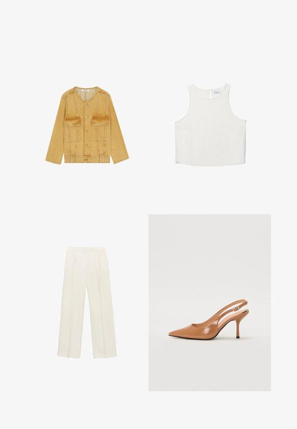 Gelbe Denimjacke mit rundem Halsausschnitt, Knopfverschluss, zwei Brusttaschen und kontrastierenden Nähdetails. Lange Ärmel und lässiger Schnitt.; Weißes ärmelloses Oberteil mit rundem Halsausschnitt, das über eine subtile Textur, ein Schlüsselaugen-Rückendetail und einen geraden Saum verfügt.; Weit geschnittene Hosen in einem hellen cremefarbenen Farbton. Hergestellt aus einem glatten Stoff mit Falten an der Vorderseite und seitlichen Taschen.; Spitz zulaufender Slingback-Absatz aus einem glatten, glänzenden, tanfarbenen Material. Mit einem geschwungenen Ausschnitt-Design und einem schlanken Stiletto-Absatz. Silberne Schnallendetails.