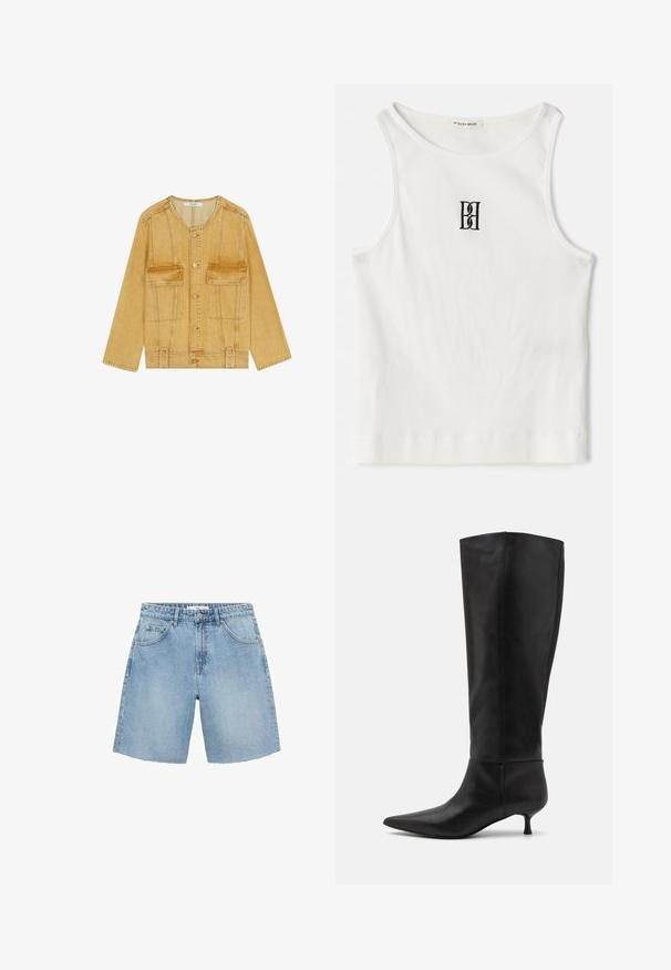Yellow denim jacket with a round neckline, button closure, two chest pockets, and contrasting stitching details. Long sleeves and relaxed fit.; White ribbed tank top featuring a black embroidered logo centered on the chest. The neckline and armholes are finished with a subtle binding.; Light blue denim shorts with a high waist, two front pockets, and a frayed hem. Features a classic design with minimal hardware.; Knee-high black leather boots with a pointed toe and a kitten heel. Smooth texture and minimalist design without visible hardware or accents.