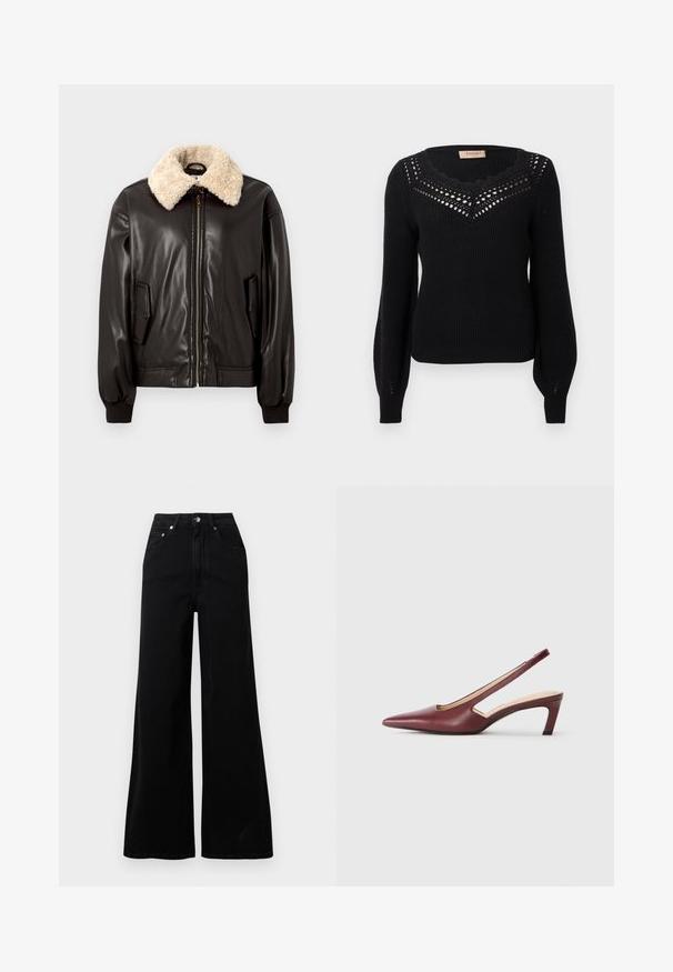 Black leather bomber jacket with a cream shearling collar, zip closure, side pockets, and ribbed cuffs. Smooth texture and classic design.; Black sweater with a ribbed texture, scalloped neckline, and openwork detail at the chest. Long sleeves and fitted waist.; Black wide-leg jeans made from denim, featuring a high waist, five pockets, front button closure, and minimal stitching details.; Burgundy slingback heels with a pointed toe, cutout details on the side, and a mid-height block heel. Smooth leather finish.