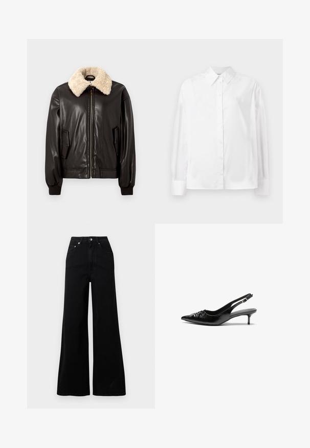 Zwarte leren bomberjack met een crèmekleurige schapenvachtkraag, ritssluiting, zijzakken en geribbelde boorden. Glad oppervlak en klassiek ontwerp.; Witte langemouwige button-up shirt in een gladde katoenmix. Voorzien van een klassieke kraag, een knoopsluiting aan de voorkant en afgeronde manchetten.; Zwarte jeans met wijde pijpen van denim, voorzien van een hoge taille, vijf zakken, een knoopsluiting aan de voorkant en minimale stikseldetails.; Zwarte leren slingback hakken met een spitse neus, kleine kittenhak en een decoratieve knoopdetail aan de voorkant. Smooth textuur overal.