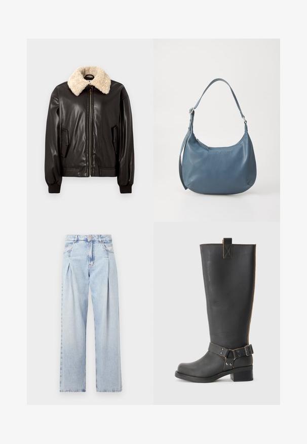 Melnas ādas bomberjaka ar krēmkrāsas vilnas apkakli, rāvējslēdzēja aizdari, sānu kabatām un ribām aprocēm. Gluda tekstūra un klasiskā dizains.; Melna īsām piedurknēm T-kreklu, kas izgatavots no mīksta kokvilnas, ar apļveida kakla izgriezumu, brīvu piegriezumu un gludu tekstūru. Nav redzamu rakstu vai grafikas.; Gaiši zilas džinsu bikses ar augstu jostasvietu, plats kāju griezumu, divām sānu kabatām un krokotā dizaina akcentiem. Mīksta tekstūra ar izdilušu apdari.; Melnas ādas līdz ceļiem augstas zābakus ar teksturētu apdari, ar sānu sprādzi un zemu papēdi. Izšūšana gar šuvēm.; Zila ādas rokassoma ar noapaļotu formu, vienu plecu siksnu, ar rāvējslēdzēju aizdari un iegravētu zīmola nosaukumu priekšpusē. Gluda tekstūra.