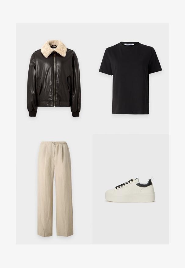 Veste bomber en cuir noir avec un col en shearling crème, fermeture éclair, poches latérales et poignets côtelés. Texture lisse et design classique.; T-shirt noir à manches courtes en coton doux, avec un col rond, une coupe décontractée et une texture lisse. Pas de motifs ni de graphiques visibles.; Pantalons larges beiges en tissu doux avec une taille élastique froncée et une fermeture à bouton à l'avant. Texture lisse avec des plis.; Baskets plates blanches avec accents noirs, en cuir texturé, à bout rond et lacets en tissu. Semelle lisse avec détail de marque.