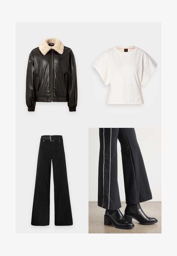 Black leather bomber jacket with a cream shearling collar, zip closure, side pockets, and ribbed cuffs. Smooth texture and classic design.; White cropped T-shirt, short wide sleeves, soft cotton material, round neckline with subtle orange trim, minimal design, no patterns or graphics.; Black wide-leg trousers made from cotton, featuring a high waist, large side pockets, and a belted waist with silver hardware accents.; Black leather ankle boots with a block heel, featuring elastic side panels. Paired with black pants that have a white side stripe.