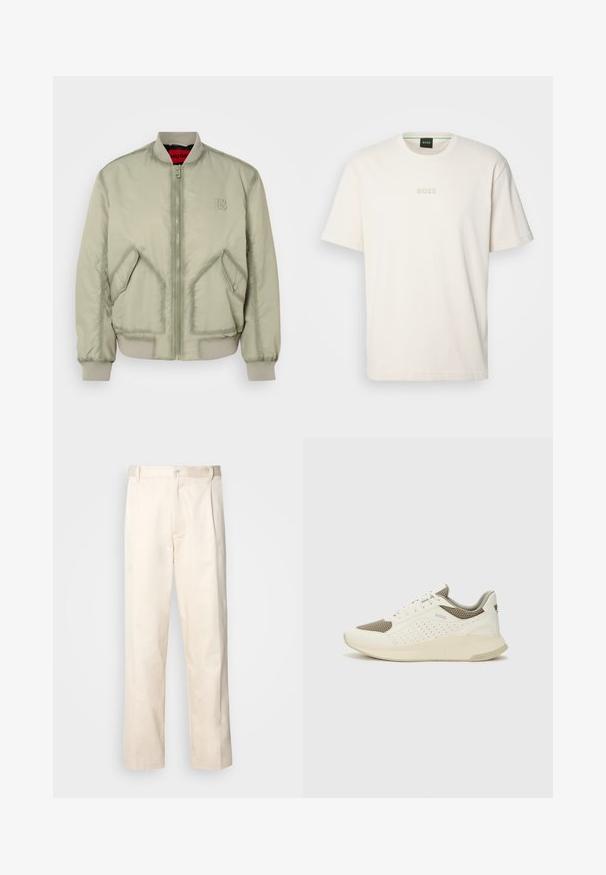 Ανοιχτό πράσινο μπόμπερ μπουφάν από λείο ύφασμα, με μπροστινό φερμουάρ, ριμπ μανσέτες και δύο διαγώνιες τσέπες. Κεντημένο λογότυπο στο στήθος.; BOSS TEE - Βασικό μπλουζάκι - open white; Μπεζ βαμβακερό παντελόνι με ίσια γραμμή, διαθέτει κουμπί κλεισίματος και πτυχές στο μπροστινό μέρος για επιπλέον λεπτομέρεια.; Λευκό και ανοιχτό μπεζ αθλητικό παπούτσι, με επάνω μέρος από διχτυωτό υλικό, διακοσμήσεις με περφορέ και υφή στην ενδιάμεση σόλα με επωνυμία στη φτέρνα.
