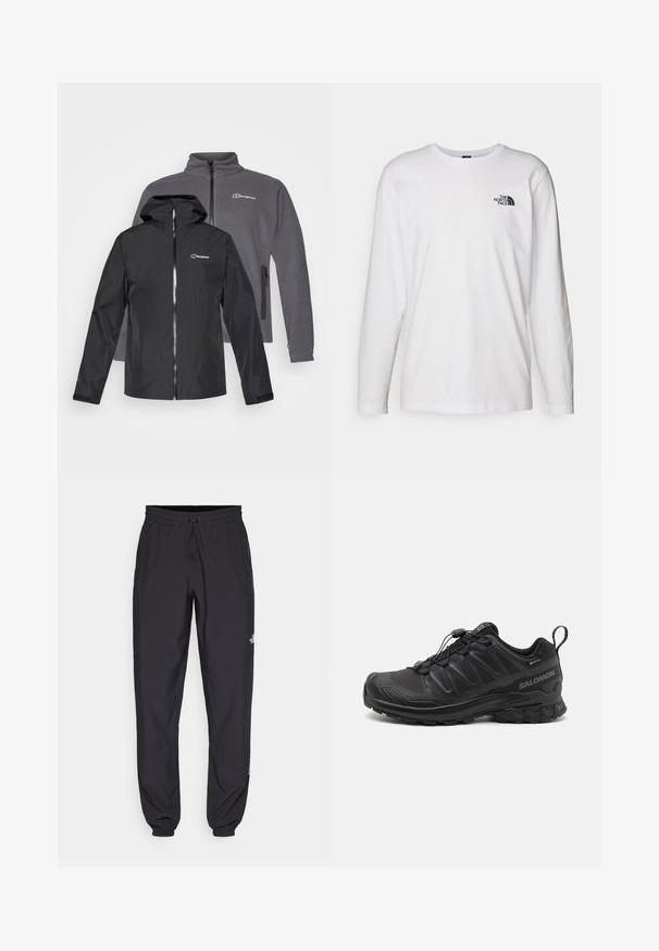 Black waterproof jacket with a hood in front, gray fleece jacket behind, both featuring zippers and branded logos on the chest.; White long-sleeve T-shirt made of cotton with a crew neck. Features a small black logo on the chest. Smooth texture, regular fit.; Black athletic pants made from lightweight fabric, featuring a drawstring waistband, side pockets, and tapered cuffs at the ankles.; Black athletic shoe with a textured synthetic upper, cushioned sole, and a quick-lacing system. Features a reinforced toe and heel.