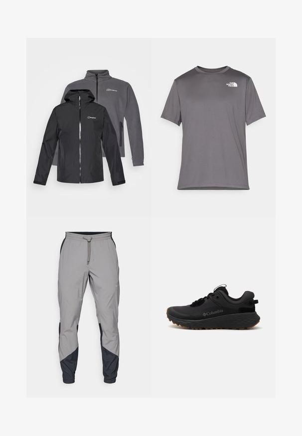 Juodas vandeniui atsparus džemperis su gobtuvu priekyje, pilkas fliso džemperis gale, abu su užtrauktukais ir prekės ženklo logotipais ant krūtinės.; Pilkos spalvos trumpomis rankovėmis sportinė marškinėlė, pagaminta iš lygaus, lengvo audinio. Kairėje krūtinės pusėje yra baltas logotipas. Apvalaus kaklo dizainas.; Lengvas, pilkos sportinės kelnės su juodais akcentais. Elastingas juosmuo, raišteliu užsegimas, siaurėjantis kojų dizainas ir šoninės kišenės.; Juoda Kolumbijos sportinė avalynė su tekstūruotu paviršiumi, paminkštintu apykakle ir guminėmis padais, kurių paviršiuje yra išskirtinė struktūra sukibimui.