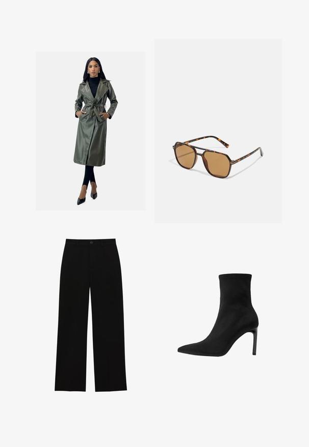 Cappotto lungo in finta pelle verde oliva con cintura in vita, rever a punte, bottoni doppi e due tasche laterali.; Due maglie a manica lunga con collo alto, una bianca e una nera, realizzate in un tessuto morbido e elasticizzato, entrambe con un design aderente e colli alti.; Pantaloni neri a vita alta, a gamba larga, realizzati in un tessuto morbido, con davanti piatto, chiusura con bottone e senza tasche visibili.; Stivale alla caviglia nero in suede liscio, con punta appuntita e alto tacco a stiletto. Design elegante e minimalista senza decorazioni.; Occhiali da sole marroni con montatura in tartaruga, lenti rettangolari e aste sottili con motivo arancione.; Borsa in suede marrone con una chiusura quadrata dorata, manico superiore e tracolla a catena. Presenta una forma rettangolare e angoli arrotondati.