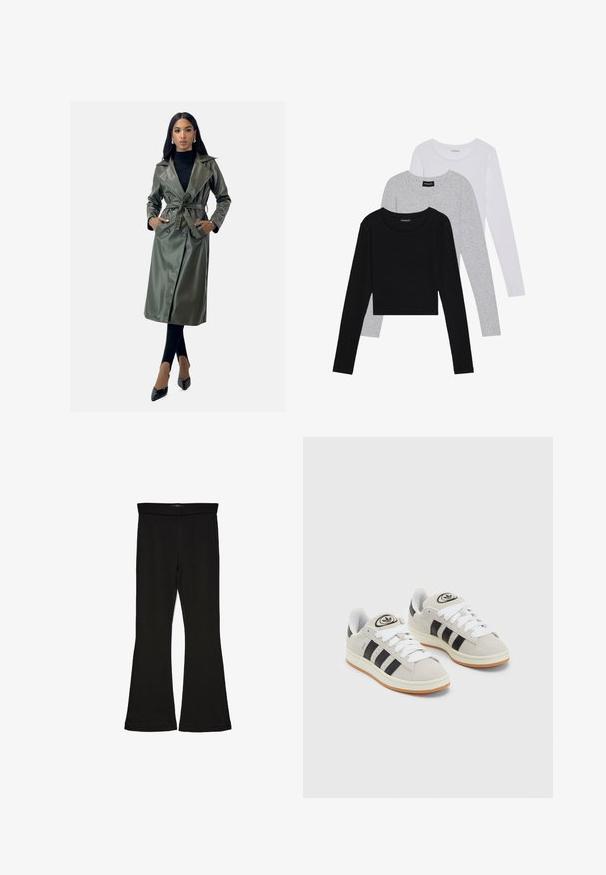 Oliwkowy, sztuczny skórzany płaszcz trencz z paskiem w talii, klapami, podwójnymi guzikami i dwoma bocznymi kieszeniami. Długość do ziemi.; Trzy bluzki z długim rękawem ułożone jedna na drugiej: czarna, szara i biała. Każda z okrągłym dekoltem i skróconym fasonem, wykonana z gładkiego, lekkiego materiału.; Czarne legginsy w stylu dzwonów wykonane z elastycznej tkaniny. Posiadają szeroki pas i gładką teksturę, z dopasowanym krojem, który rozszerza się ku dołowi.; Szare zamszowe trampki z białymi sznurówkami, czarnymi paskami i białą gumową podeszwą. Posiadają okrągłe logo na języku oraz gumową podeszwę.