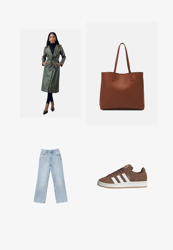 Cappotto lungo in finta pelle verde oliva con cintura in vita, rever a punte, bottoni doppi e due tasche laterali.; Top corto a maniche corte marrone a coste con orlo leggermente curvato. Texture morbida e vestibilità rilassata, presenta un collo rotondo e cuciture minime.; Jeans in denim azzurro chiaro con taglio a gamba larga, dettagli strappati, design a cinque tasche e chiusura con zip.; Sneakers in suede marrone con strisce in pelle bianca, suola in gomma, punta rotonda e lacci. Presentano un logo sulla linguetta e dettagli perforati.; Borsa tote in pelle marrone con texture liscia, design con apertura superiore e due spallacci. Presenta cuciture minime e nessun hardware visibile.