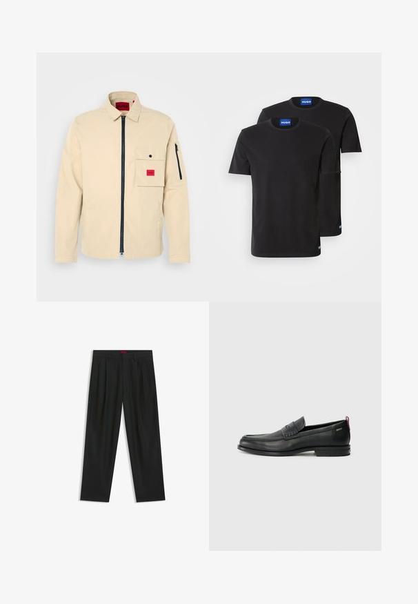 Beige jacket with a zip front, collared neck, and a left chest pocket featuring a red brand label. Includes a sleeve pocket with a zipper.; Two black cotton T-shirts with round necklines, short sleeves, and blue "HUGO" labels on the collars and side hems.; Black trousers with a pleated design, wide leg shape, and a smooth texture. Features a red waistband tag.; Black leather loafers with a textured front panel and smooth sides. Features a slim heel and rear loop for easy wear. Classic design.