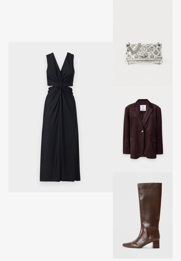 Dark brown corduroy blazer with a classic collar, single button closure, and two front pockets. Textured fabric with vertical ribbing.; Black sleeveless dress with a deep V-neck, twisted front design, and flowing fabric. The skirt drapes to the floor.; Brown knee-high boot with a snakeskin texture, square toe, and block heel against a plain white background.; Silver metallic handbag with chain handle, quilted texture, decorative stitching, and a zip closure. Features embossed accents on the front.