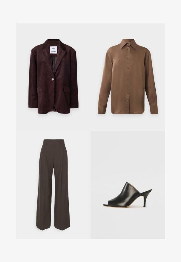 Sötétbarna kordbársony blézer klasszikus gallérral, egysoros gombos záródással és két elülső zsebbel. Texturált anyag, függőleges bordázattal.; Barna, hosszúujjú, gombos ing, hegyes gallérral és mandzsettákkal, egyszerű fehér háttér előtt kiemelve.; Sötétbarna, bő szárú nadrág magas derékkal, tisztán vasalt redőkkel, sima textúrával és testhez simuló fazonnal.; Fekete bőr, nyitott orrú mules cipő, elegáns, ívelt kialakítással, magas stiletto sarokkal és sima textúrával. A belső tér világos színű, kontrasztos.